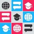 Set Social network, Speech bubble chat and Graduation cap on globe icon. Vector