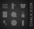 Set Social network, Target sport, Bullet, Safe combination lock, Security camera, Passport, Motion sensor and Barbed