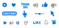 A set for social networks.Subscription, call button and hand cursor. Blue button subscribe to a channel, blog, Like button, thank