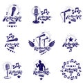 Set of social telecommunication theme logotypes, emblems and posters. Earth globe, microphones and megaphones devices vector