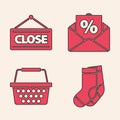 Set Socks, Hanging sign with Closed, Envelope with an interest discount and Shopping basket icon. Vector