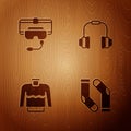 Set Socks, Virtual reality glasses, Sweater and Headphones on wooden background. Vector