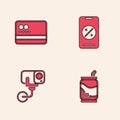 Set Soda can, Credit card, Percent discount and mobile and Security camera icon. Vector