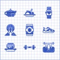 Set Soda can, Dumbbell, Bench with barbel, Sport sneakers, Junk food, Meditation, Smart watch and Teapot cup icon