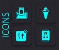 Set Soda can, Food ordering on mobile, Ice cream waffle and icon. Black square button. Vector