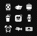 Set Soda can, Teapot with cup, Cooking, Alarm clock, Fish, Sports nutrition, Fitness shaker and Mobile heart rate icon