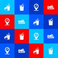 Set Soda drink with donut, Glass water, Location hotdog and Taco tortilla icon. Vector