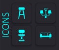 Set Sofa, Chair, Chandelier and Office chair icon. Black square button. Vector Royalty Free Stock Photo