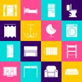 Set Sofa, Chair, Washer, Closed door, Chandelier, Curtains, Window with curtains and Armchair icon. Vector