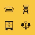 Set Sofa, Chandelier, Furniture nightstand and Chair icon with long shadow. Vector