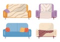 Set of illustrations on theme of leisure furniture. Couch with colorful pillows vector illustration