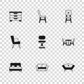 Set Sofa, Table with chair, Office, Chair, Chest drawers, and Armchair icon. Vector Royalty Free Stock Photo