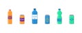 A set of soft drink in plastic packaging. Bottled soda drink, vitamin juice, sparkling or natural water, glass bottles.