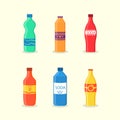 A set of soft drink in plastic packaging. Bottled soda drink, vitamin juice, sparkling or natural water, glass bottles.