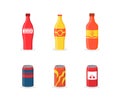 A set of soft drink in plastic packaging. Bottled soda drink, vitamin juice, sparkling or natural water, glass bottles.