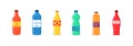 A set of soft drink in plastic packaging. Bottled soda drink, vitamin juice, sparkling or natural water, glass bottles.