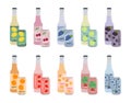 Set of soft drinks in aluminum cans and glass bottles with soda and lemonade. Carbonated non-alcoholic water with fruit, berry Royalty Free Stock Photo