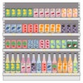 Set of soft drinks in aluminum cans and glass bottles with soda and lemonade on shelves in supermarket. Carbonated non-alcoholic Royalty Free Stock Photo