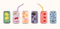 Set of soft drinks in aluminum cans with soda and lemonade, straws. Carbonated non-alcoholic water with fruit, berry flavors. Hand Royalty Free Stock Photo