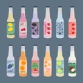 Set of soft drinks in glass bottles with soda and lemonade. Carbonated non-alcoholic water with fruit and berry flavor. Hand drawn Royalty Free Stock Photo