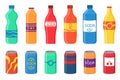 A set of soft drink in plastic packaging. Bottled soda drink, vitamin juice, sparkling or natural water, glass bottles.