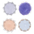 Set soft pastel peach and purple round brush stroke watercolor texture with round leaves frames. Geometric shape with hand drawing