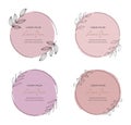 Set soft pastel pink round brush stroke watercolor texture with round leaves frames. Geometric shape with hand drawing watercolor