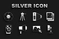 Set Softbox light, Photo frame, retouching, camera, Camera shutter and Tripod icon. Vector Royalty Free Stock Photo