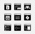 Set Software, Browser with shield, files, MySQL code and Binary icon. Vector