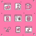 Set Software, Flowchart, Cup tea with tea bag, Server, Data, Web Hosting, Debugging and Mobile Apps icon. Vector