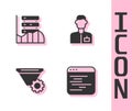 Set Software, Server, Data, Web Hosting, Filter setting and Analyst engineer icon. Vector Royalty Free Stock Photo