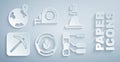 Set Soil analysis, Tacheometer, theodolite, Pickaxe, Roulette construction and Location globe icon. Vector Royalty Free Stock Photo