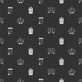 Set Solar energy panel, Leaf in hand, Recycle bin and Trash can on seamless pattern. Vector Royalty Free Stock Photo