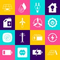 Set Solar energy panel, Recharging, Power button, Electric plug, Wind turbine, Eco fuel canister, and icon. Vector Royalty Free Stock Photo