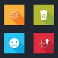 Set Solar energy panel, Recycle bin with recycle, Sad smile and Light bulb wind turbine icon. Vector Royalty Free Stock Photo