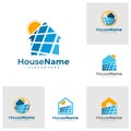 Set of Solar power home logo icon template. Solar panel on roof with house and sun sign. Alternative energy company emblem.