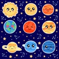 Set of solar system cute planets with kawaii faces stickers on dark background, funny universe emojii for kids Royalty Free Stock Photo