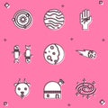 Set Solar system, Planet Venus, Palmistry of the hand, Pisces zodiac, Eclipse sun, Comet falling down fast, Aries and Royalty Free Stock Photo