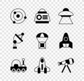 Set Solar system, Space capsule, UFO flying spaceship, Mars rover, Rocket, Telescope, Satellite dish and Box on Royalty Free Stock Photo