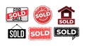 Set of Sold sign sticker. Word of Sold in red grunge stamp. Vector illustration. Isolated on white background Royalty Free Stock Photo