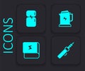 Set Soldering iron, Refrigerator, Electric kettle and Book about electricity icon. Black square button. Vector Royalty Free Stock Photo
