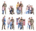 Set with soldier and his family on white background.