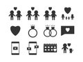 Set of solids icons. Love and valentine concept. Such as couple, ring love pet, family, online dating, heart, and calendar. Pixel