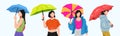 set of some beautiful young girls holding umbrellas. cartoon flat vector illustration.