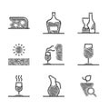 Set Sommelier, Decanter for wine, Grapes, Wine glass, tasting, degustation, Drought, Bottle of and Cheese icon. Vector Royalty Free Stock Photo