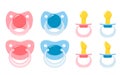 Set soother pacifier icons for newborn babies. Seth for girl and boy. Vector isolates on a white background. Royalty Free Stock Photo
