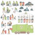 Set sorting and recycling waste. People volunteers clean environment from trash. Vector illustration of solving