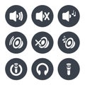 Set of sound icon - speaker with volume indicator and music, microphone and headphone