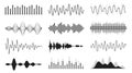 Set of sound waves. Analog and digital line waveforms. Musical sound waves, equalizer and recording concept