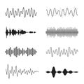 Set of sound waves. Analog and digital line waveforms. Musical sound waves, equalizer and recording concept